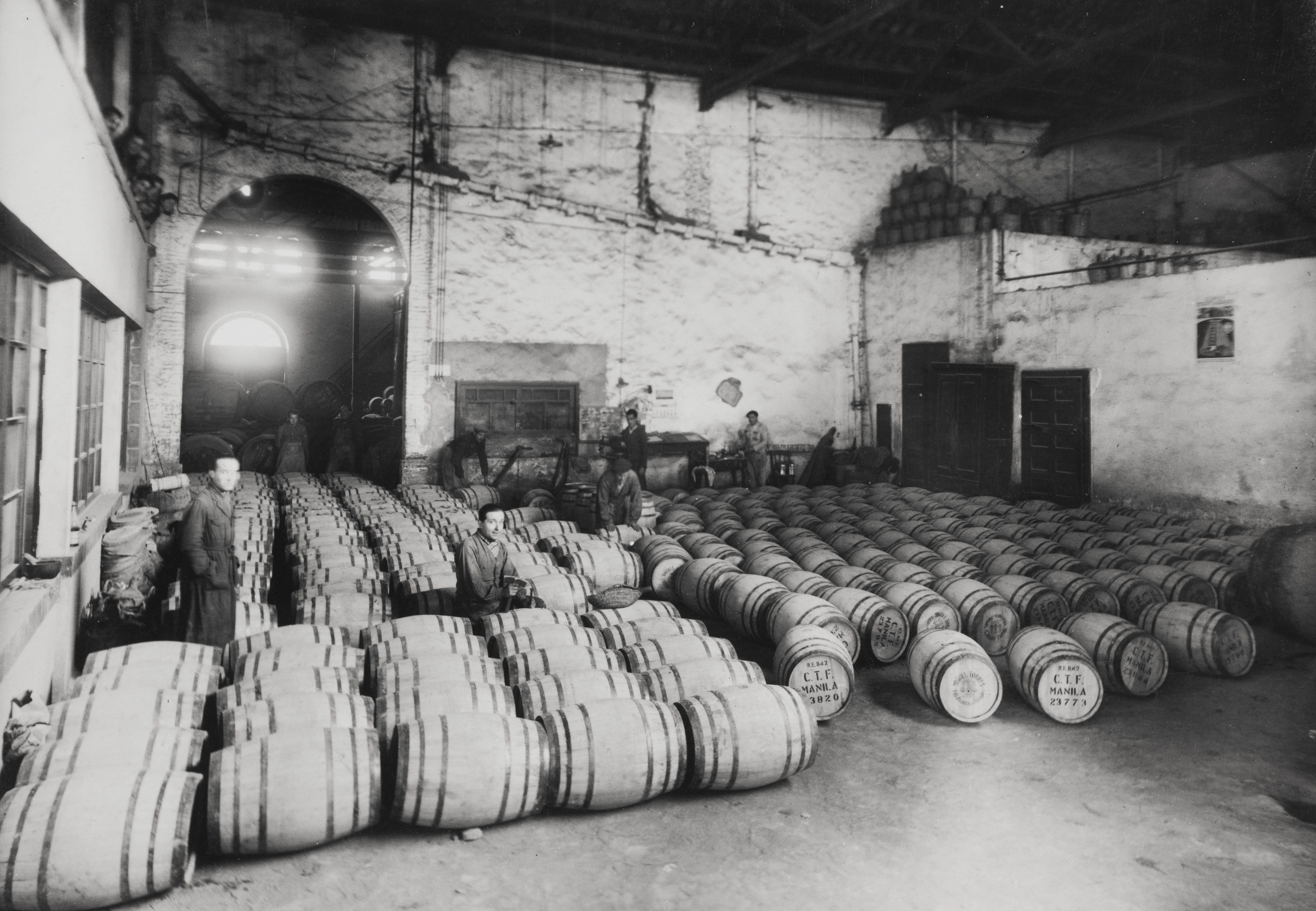 Década de 1930. Nave para la crianza de los vinos en la bodega de Vilafranca del Penedès, con barricas de 225 litros y conos o grandes cubas de madera de 125.000 litros de capacidades.