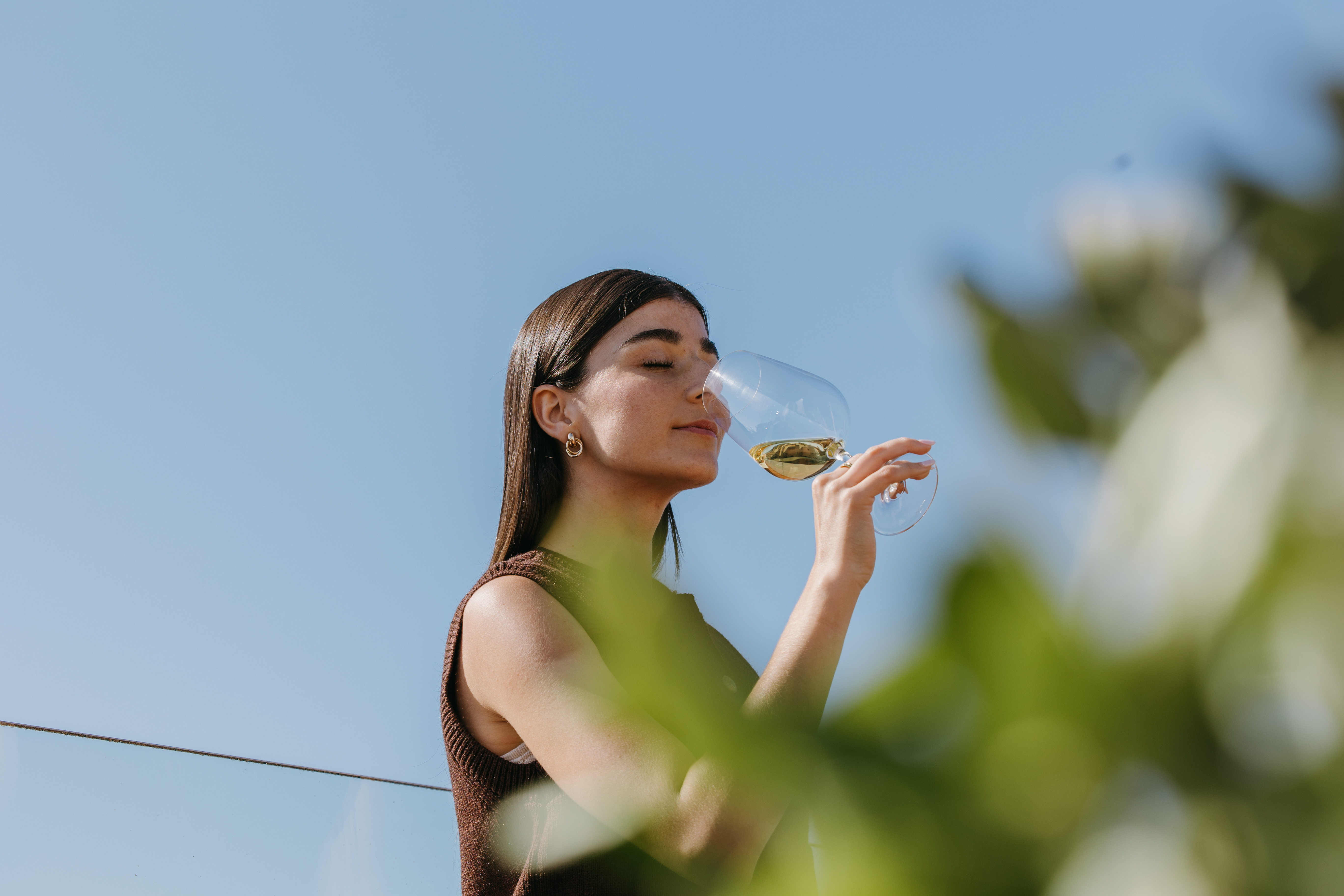 Disfrutando de un vino blanco de Familia Torres al aire libre: frescura, ligereza y elegancia en cada sorbo.