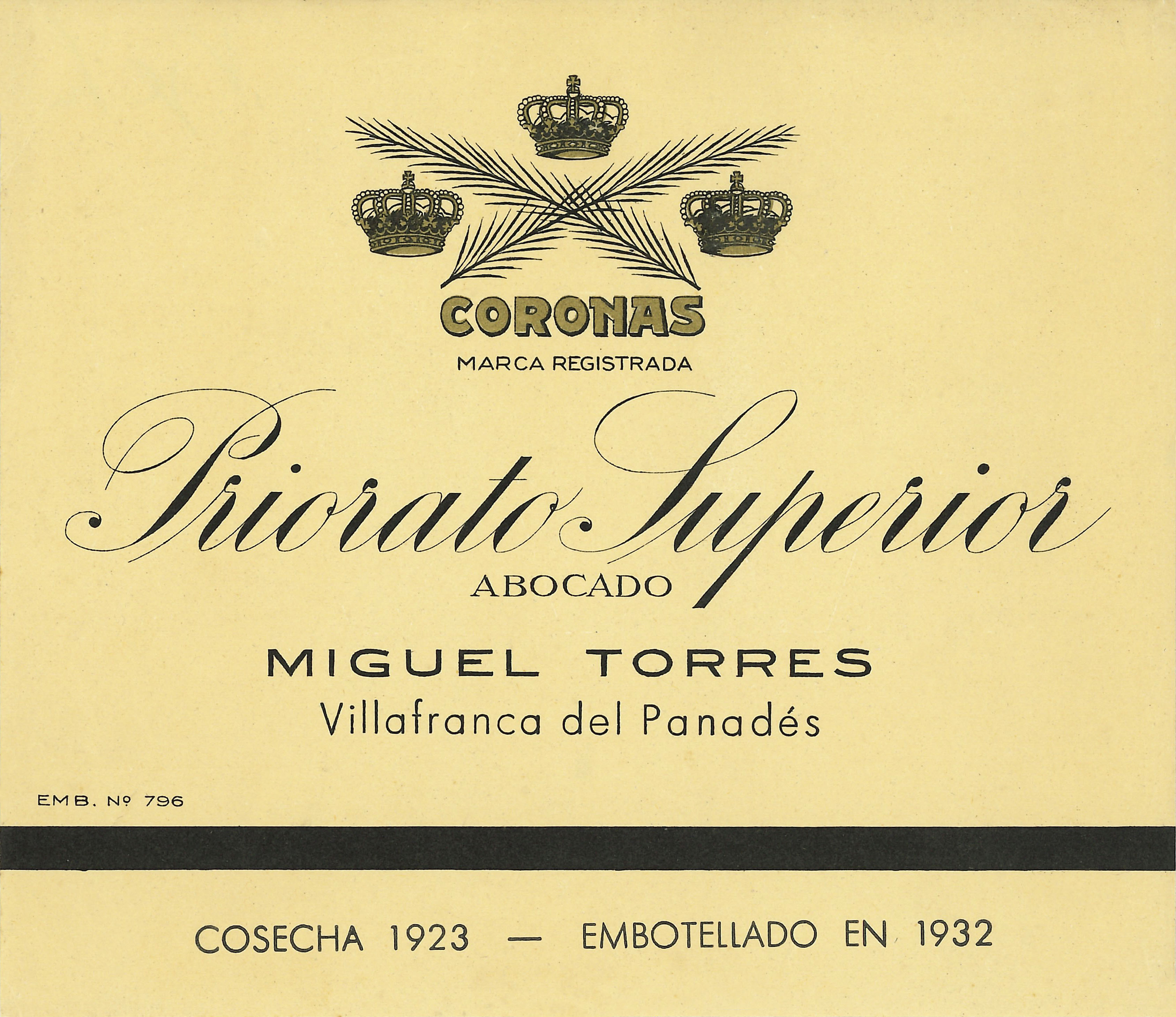 Etiqueta de un priorat de la cosecha 1923 comercializado por Casa Torres bajo la marca Coronas.